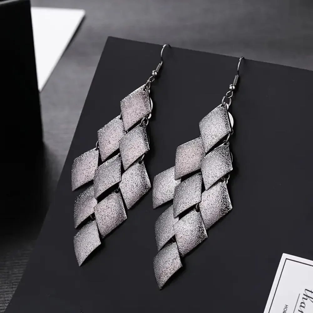 NEW Black Tassel Earrings – Multi-Layered Hollow Gold Leaf Geometric Dangle